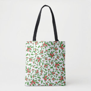 White Christmas green holly leaves red berries Tote Bag