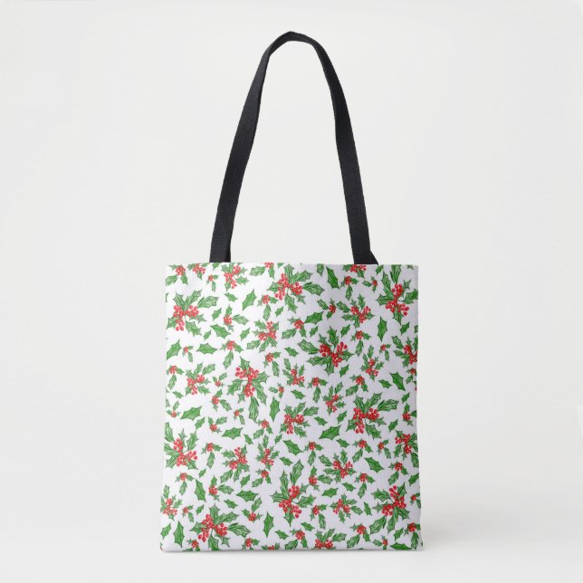 White Christmas green holly leaves red berries  Tote Bag (Front)