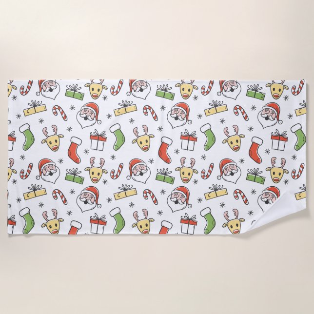 White Christmas Happy Santa and Reindeer Pattern Beach Towel (Front)