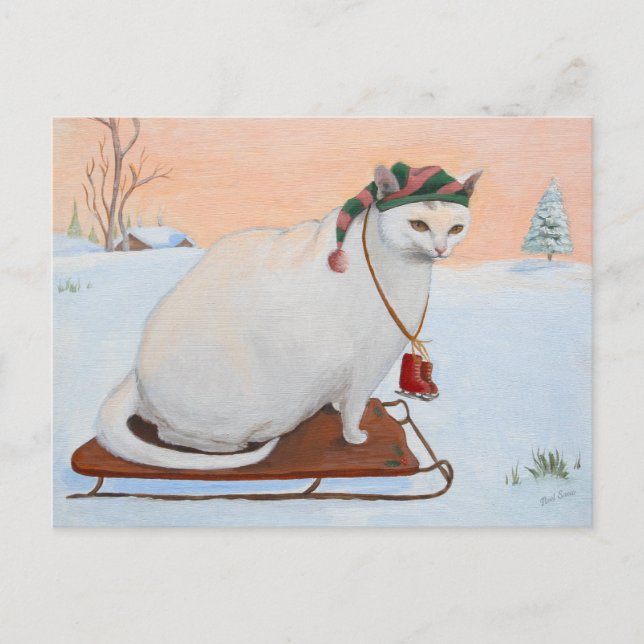 White Christmas Holiday Cat in Snow (Front)