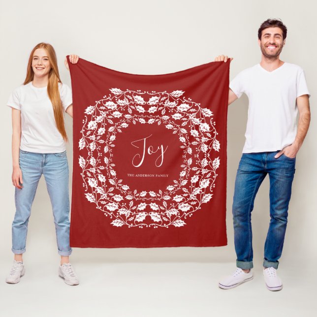 White Christmas Holly Joy | Personalised Red Fleece Blanket (In Situ)