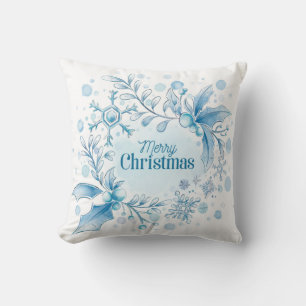White Christmas Holly Snowflakes Cushion
