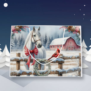 White Christmas Horse and Cardinal Large Gift Bag