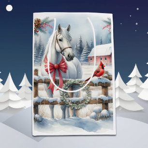 White Christmas Horse and Cardinal Medium Gift Bag