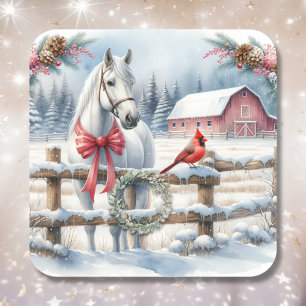 White Christmas Horse and Cardinal Square Sticker