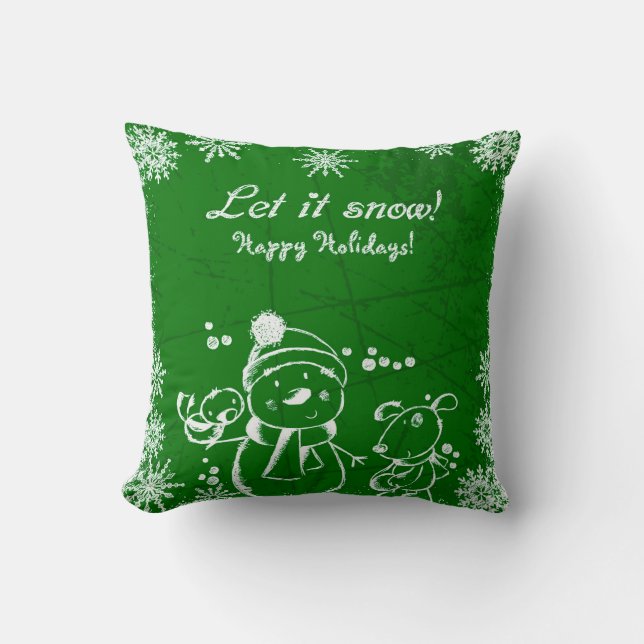 White Christmas Illustration on Green Background Cushion (Front)