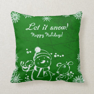 White Christmas Illustration on Green Background Cushion