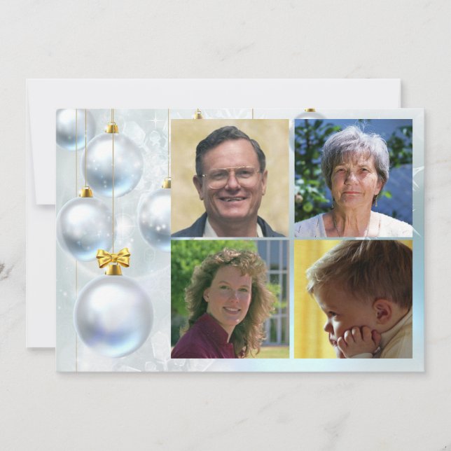 White Christmas Ornaments and Four Photos Holiday Card (Front)