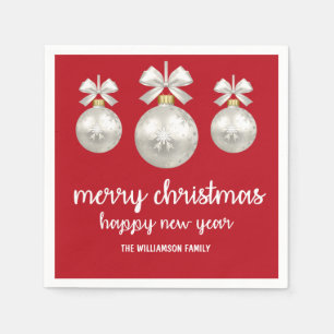 White Christmas Ornaments on Red, Personalised Napkin