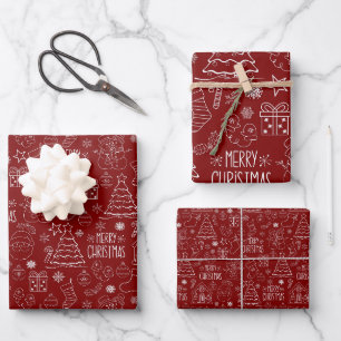 White Christmas Outlines on Barn Red Wrapping Paper Sheet