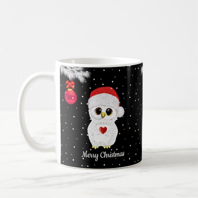 White Christmas Owl on Black Coffee Mug (Left)