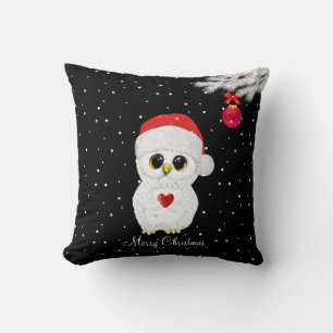 White Christmas Owl on Black Cushion