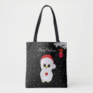 White Christmas Owl on Black Tote Bag