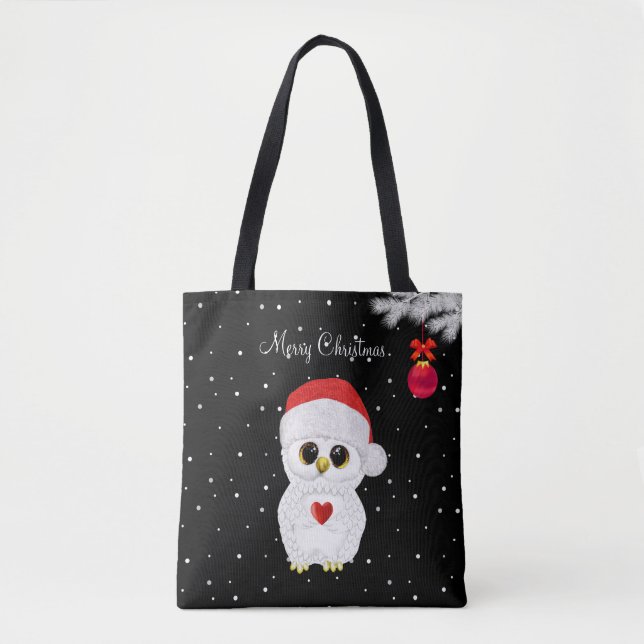 White Christmas Owl on Black Tote Bag (Front)