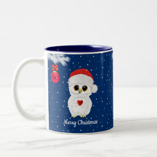White Christmas Owl on Blue Two-Tone Coffee Mug