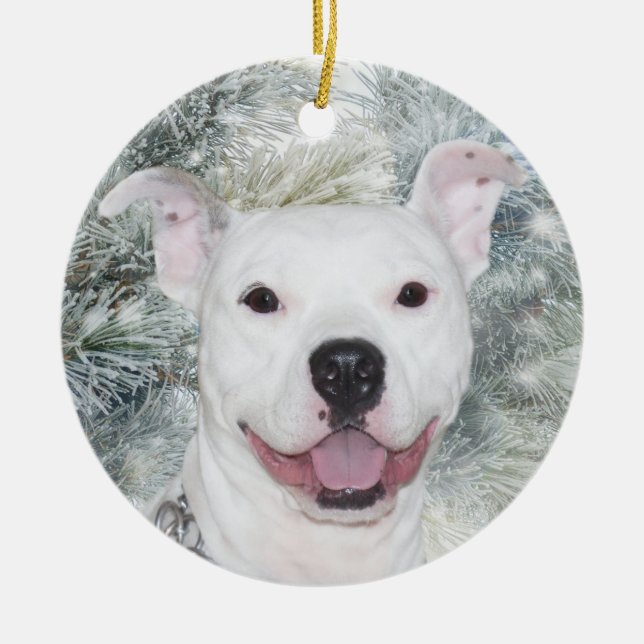 White Christmas Pitbull Ceramic Tree Decoration (Front)