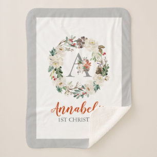 White Christmas Roses & Winter Foliage Wreath Sherpa Blanket
