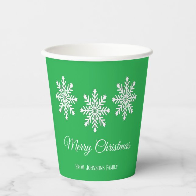 White Christmas snowflakes Merry Christmas green Paper Cups (Front)