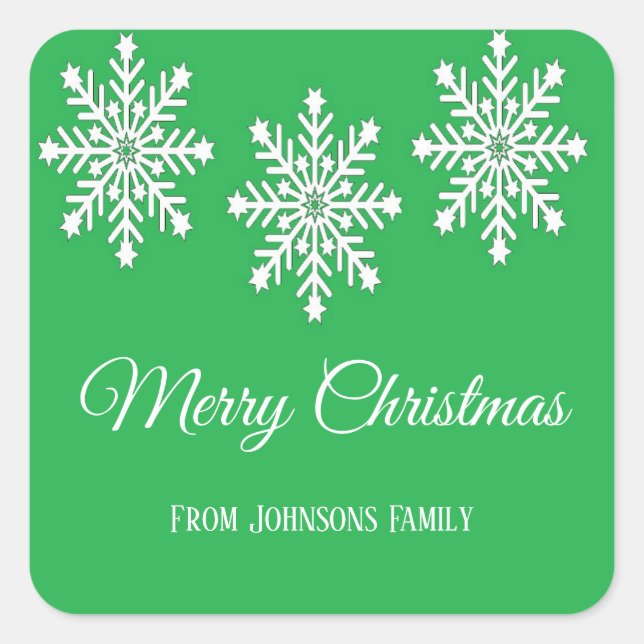 White Christmas snowflakes Merry Christmas green Square Sticker (Front)