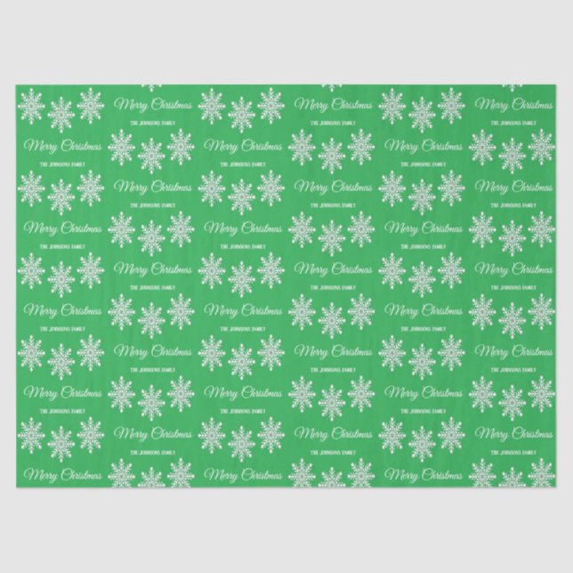 White Christmas snowflakes Merry Christmas green Tissue Paper (Front)