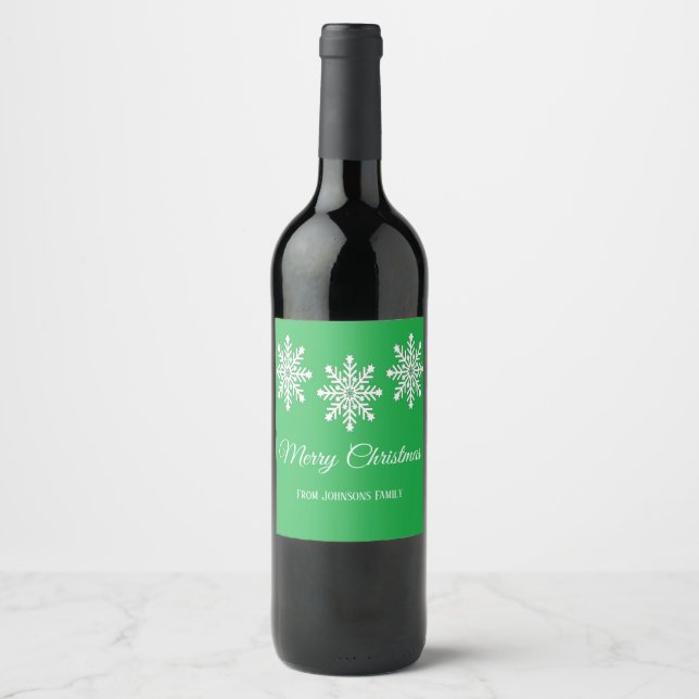 White Christmas snowflakes Merry Christmas green Wine Label (Front)