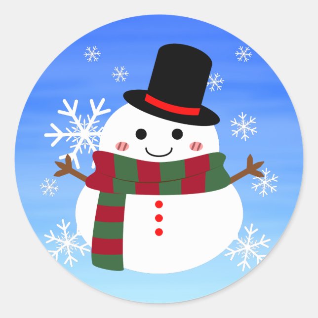 White Christmas Snowman Classic Round Sticker (Front)