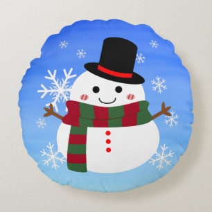White Christmas Snowman Round Cushion