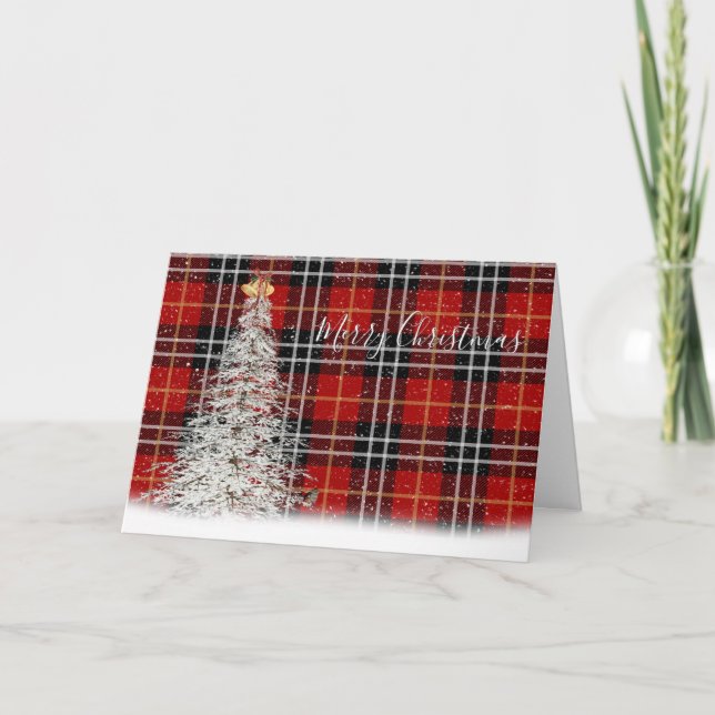 White Christmas Tree and Deer on Tartan Plaid Card (Front)