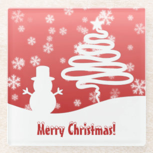 White Christmas Tree and Snowman Glass Coaster