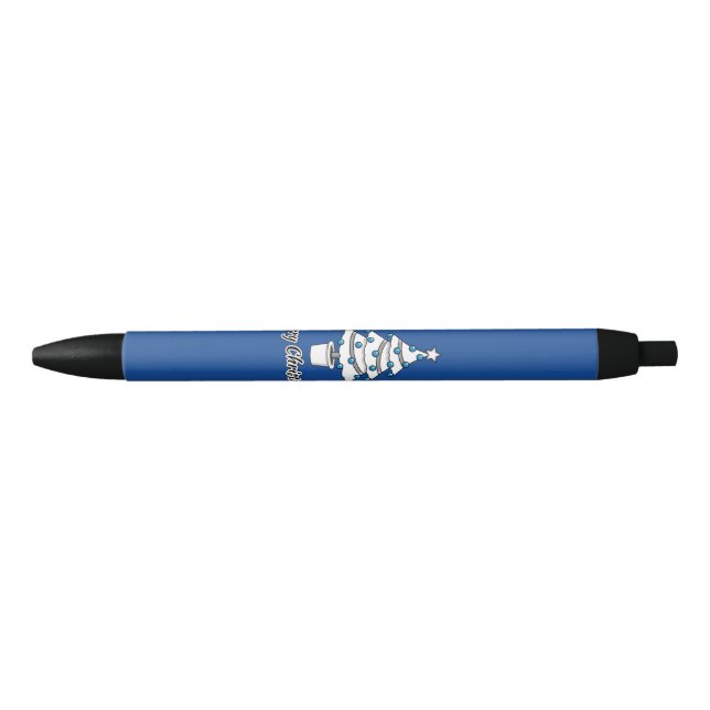White Christmas Tree Blue Decorations - Merry Xmas Black Ink Pen (Front)