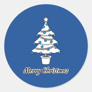 White Christmas Tree Blue Decorations - Merry Xmas Classic Round Sticker