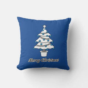 White Christmas Tree Blue Decorations - Merry Xmas Cushion