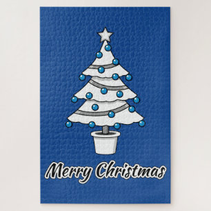 White Christmas Tree Blue Decorations - Merry Xmas Jigsaw Puzzle