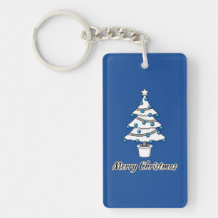 White Christmas Tree Blue Decorations - Merry Xmas Key Ring