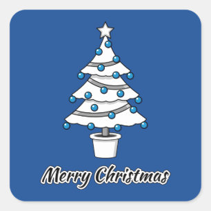 White Christmas Tree Blue Decorations - Merry Xmas Square Sticker