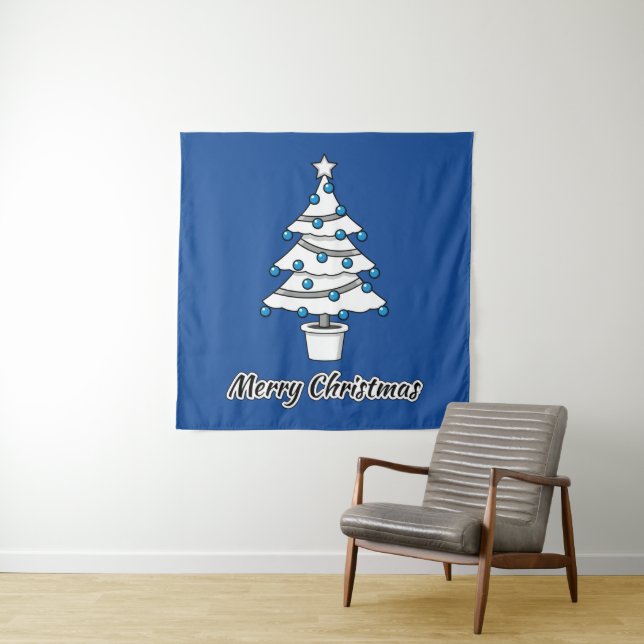 White Christmas Tree Blue Decorations - Merry Xmas Tapestry (In Situ)