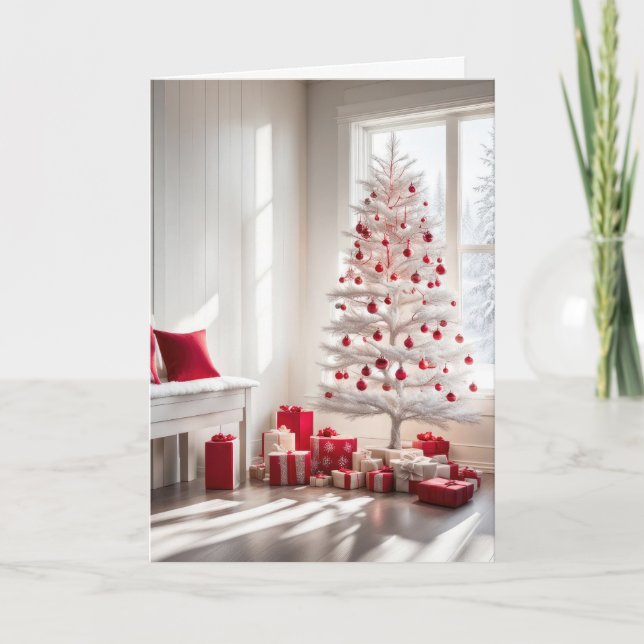 White Christmas Tree By Winter Window Holiday Card (Front)