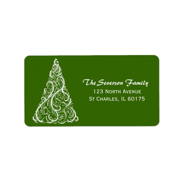 White Christmas Tree on Green Return Address Label (Front)