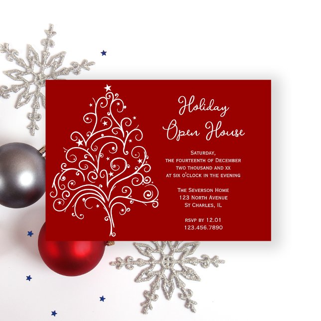 White Christmas Tree on Red Holiday Open House Invitation (Creator Uploaded)