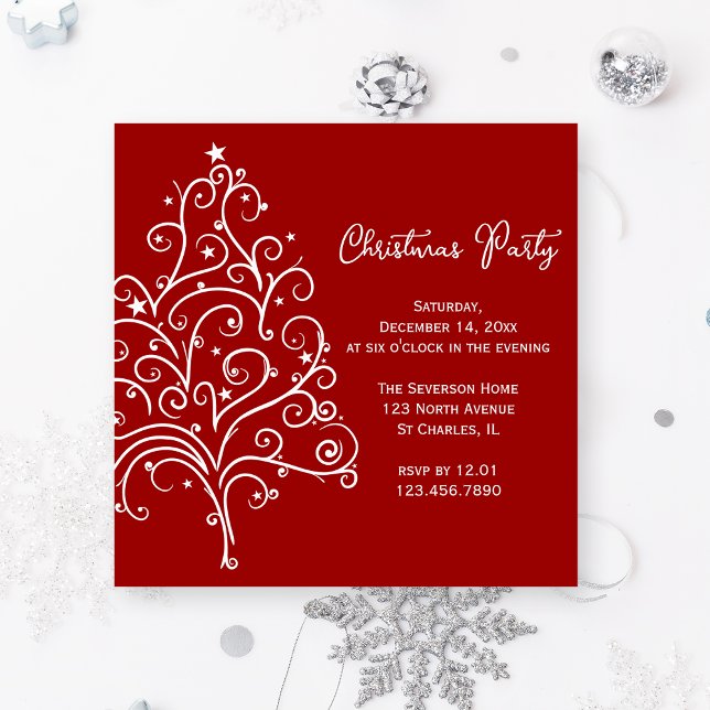 White Christmas Tree on Red Holiday Party Invitation (Creator Uploaded)