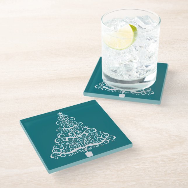 White Christmas Tree on Teal Glass Coaster (Angled)