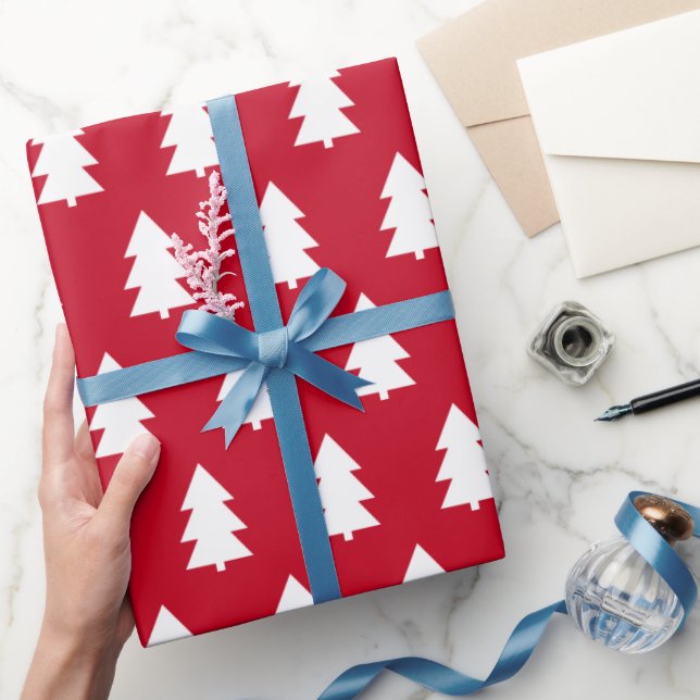 White Christmas Tree Red Wrapping Paper (Gifting)