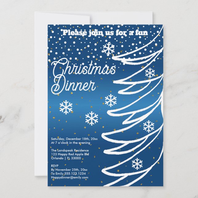 White Christmas Tree & Snow & Gold Confetti Invitation (Front)