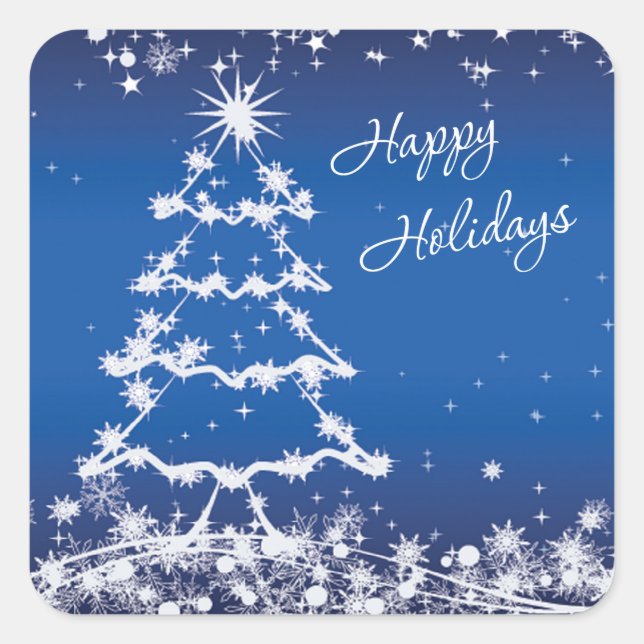 White Christmas tree, snowflakes, stars on blue Square Sticker (Front)