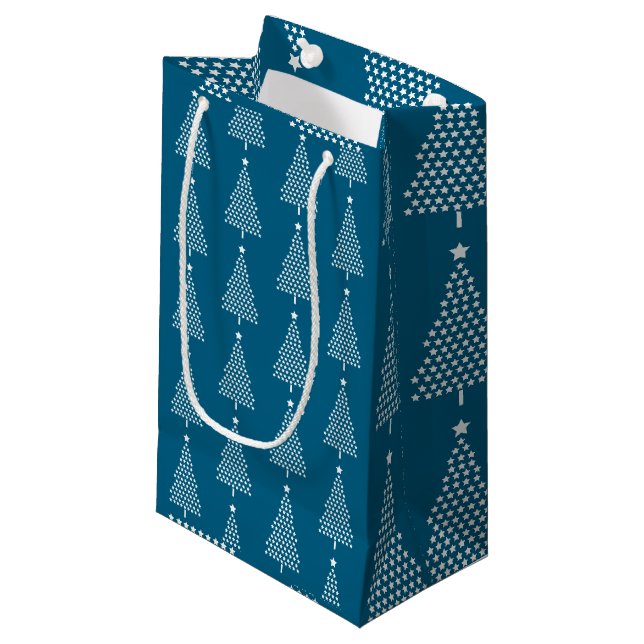White Christmas Tree Stars Pattern On Blue Small Gift Bag (Front Angled)
