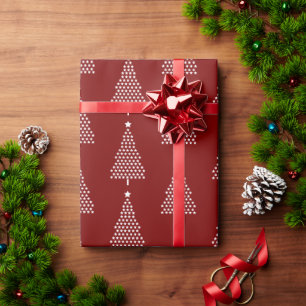 White Christmas Tree Stars Pattern On Red Wrapping Paper
