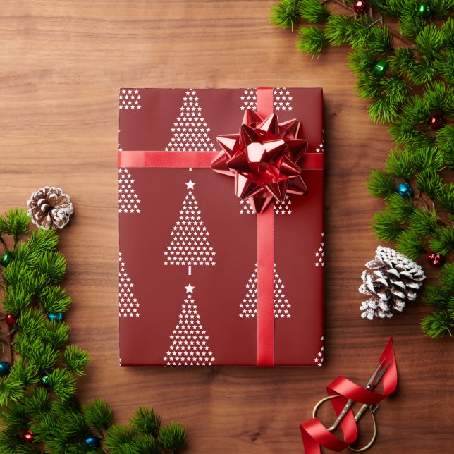 White Christmas Tree Stars Pattern On Red Wrapping Paper (Holiday Gift)