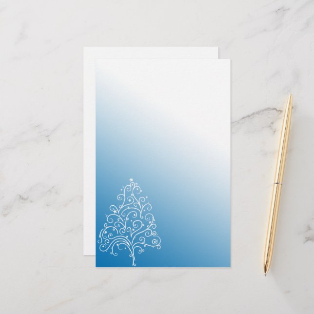 White Christmas Tree with Blue Gradient Stationery (Front/Back In Situ)