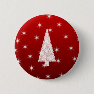 White Christmas Tree with Stars on Red. 6 Cm Round Badge