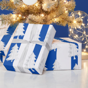 White Christmas Tree Wrapping Blue & White Stripe  Paper